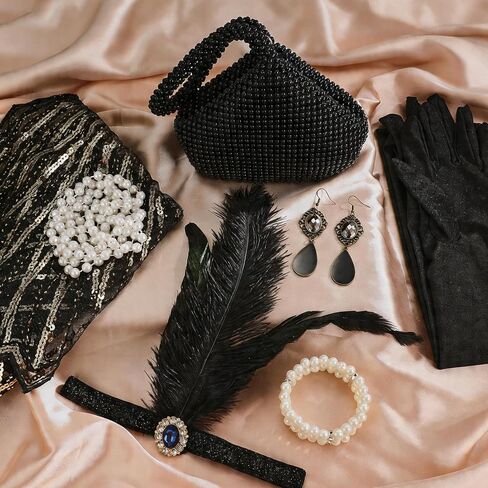 1920s Flapper Accessories Set for Women Great Gatsby Accessories with Headband Gloves Sequin Shawl Clutch Evening Bag Roaring 20s Costume for Party Black in Saudi Arabia