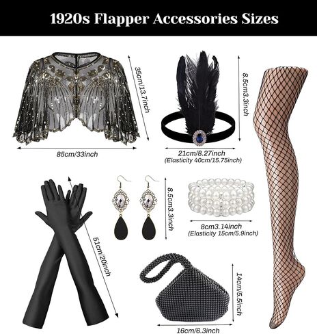 1920s Flapper Accessories Set for Women Great Gatsby Accessories with Headband Gloves Sequin Shawl Clutch Evening Bag Roaring 20s Costume for Party Black in Saudi Arabia