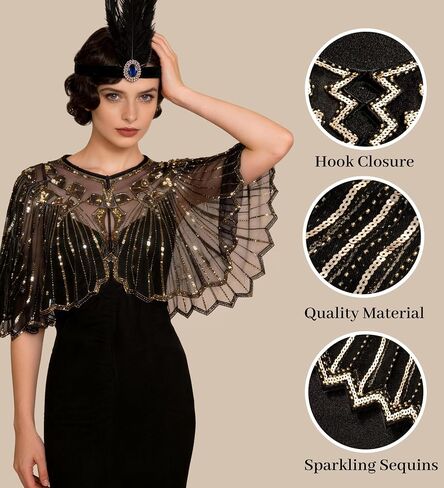 1920s Flapper Accessories Set for Women Great Gatsby Accessories with Headband Gloves Sequin Shawl Clutch Evening Bag Roaring 20s Costume for Party Black in Saudi Arabia