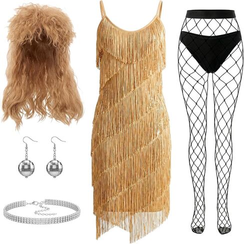 5 Pcs Disco Outfit Costume Tassel Fringe Dress Rock Wig Fishnet Tights Necklace Earring for 70s 80s Party in Kuwait