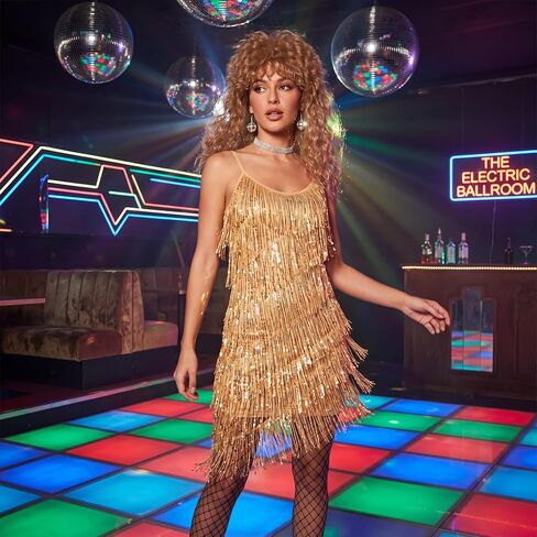5 Pcs Disco Outfit Costume Tassel Fringe Dress Rock Wig Fishnet Tights Necklace Earring for 70s 80s Party in Kuwait