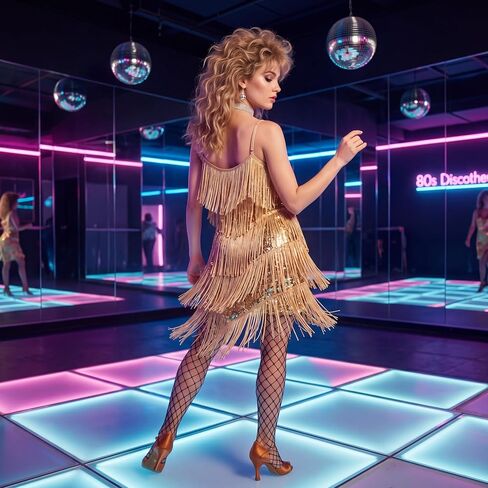 5 Pcs Disco Outfit Costume Tassel Fringe Dress Rock Wig Fishnet Tights Necklace Earring for 70s 80s Party in Kuwait