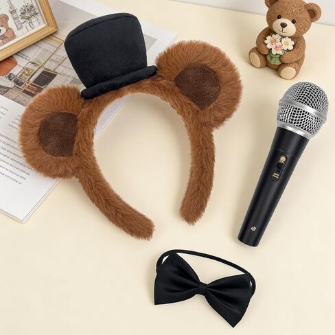 3 Piece Bear Costume Accessory Set Brown Bear Ear Headband with Top Hat, Nose, Bow Tie, Toy Mic for Adult Halloween Cosplay Party, Stage Performanc in Saudi Arabia