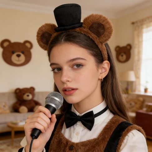 3 Piece Bear Costume Accessory Set Brown Bear Ear Headband with Top Hat, Nose, Bow Tie, Toy Mic for Adult Halloween Cosplay Party, Stage Performanc in Saudi Arabia