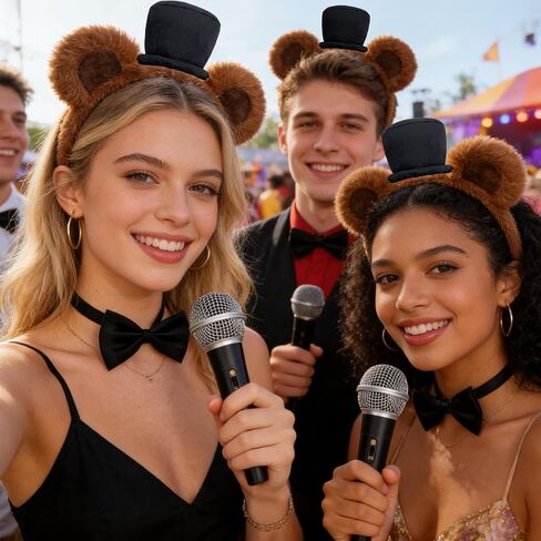 3 Piece Bear Costume Accessory Set Brown Bear Ear Headband with Top Hat, Nose, Bow Tie, Toy Mic for Adult Halloween Cosplay Party, Stage Performanc in Saudi Arabia