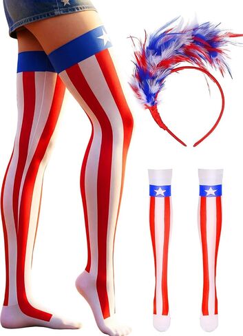 Independence Day Over Knee Stocking Headband Red Blue White Thigh High Stockings Patriotic Costume for Women in Saudi Arabia