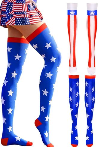 Independence Day Over Knee Stocking Headband Red Blue White Thigh High Stockings Patriotic Costume for Women in Saudi Arabia
