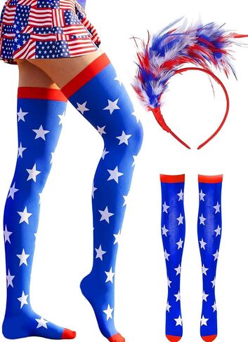 Independence Day Over Knee Stocking Headband Red Blue White Thigh High Stockings Patriotic Costume for Women in Saudi Arabia