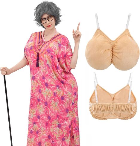KUOIN Women Fake Chest Granny Costume, Old Lady Grandma Fat Suit Accessories with Adjustable Straps in Saudi Arabia