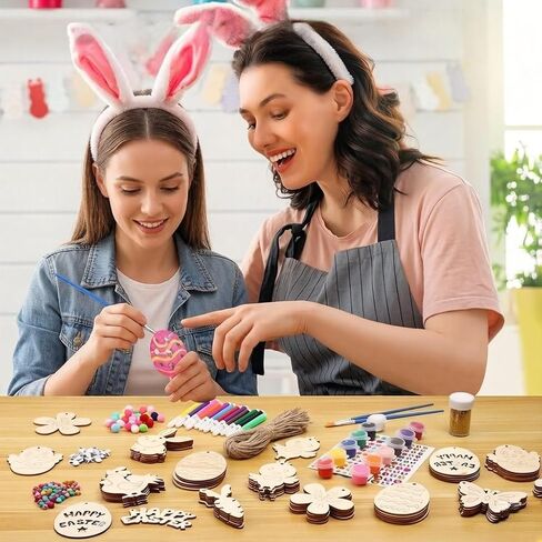 Sublaga 301 PCS Easter Wooden Hanging Ornaments Unfinished Wood Slices Eggs Easter Crafts for Kids DIY Easter Decorations Party Supplies Decor (301) in Kuwait