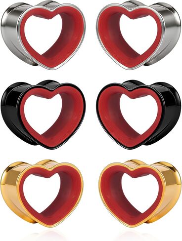 12PCS/6PCS Heart Shape Ear Tunnels Plugs 316L Stainless Steel Heart Hollow Double Flared Ear Gauges Tunnels Stretcher Body Piercing Earring Jewelry for Women Men 0G(8mm)-1"(25mm) in Saudi Arabia