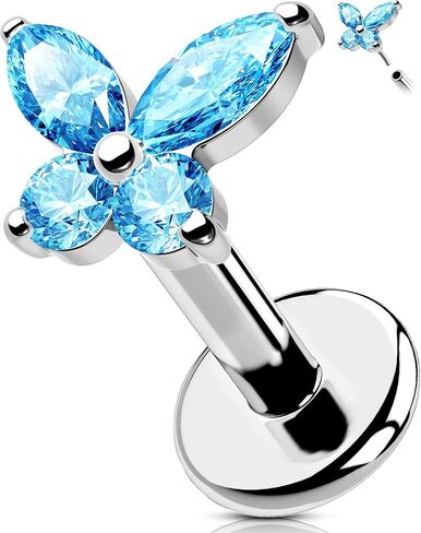 OUFER Threadless Butterfly Labret Stud, 316L Surgical Steel Flat Back Push In Piercing Jewelry, CZ Helix Tragus Conch Lip Stud, Silver/Gold PVD/Blue CZ (Sizes Vary by Color) in Kuwait