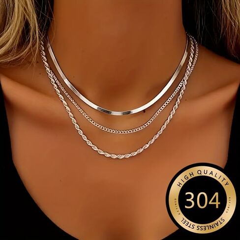 3-Layer Stainless Steel Women's Necklace, Hypoallergenic & Fade-Resistant, Elegant Daily Jewelry Gift. in Kuwait