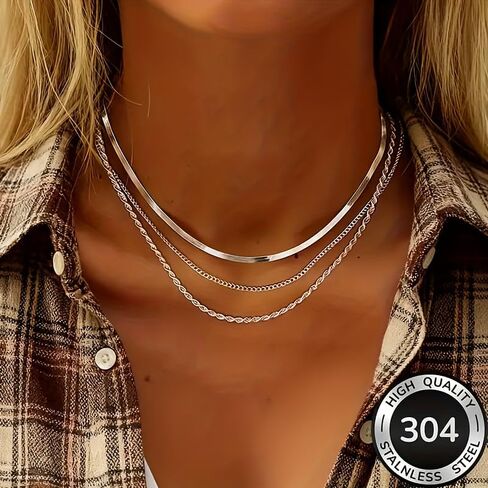 3-Layer Stainless Steel Women's Necklace, Hypoallergenic & Fade-Resistant, Elegant Daily Jewelry Gift. in Kuwait