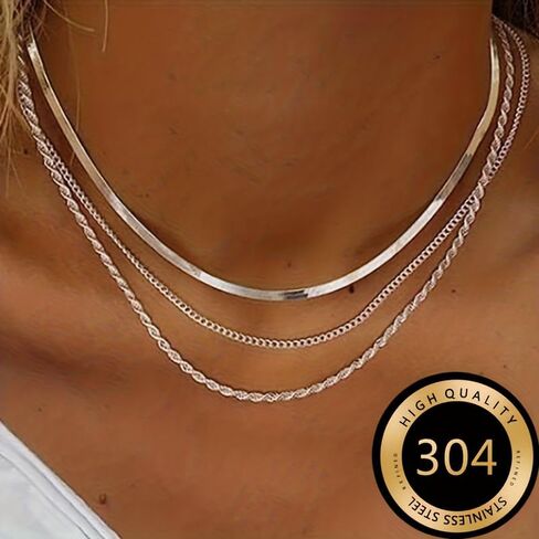 3-Layer Stainless Steel Women's Necklace, Hypoallergenic & Fade-Resistant, Elegant Daily Jewelry Gift. in Kuwait