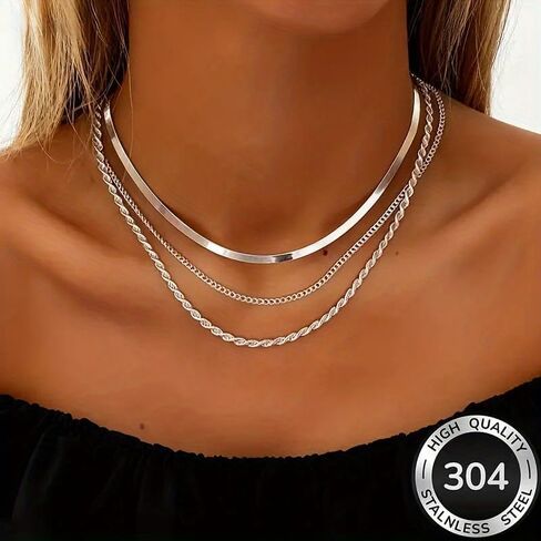 3-Layer Stainless Steel Women's Necklace, Hypoallergenic & Fade-Resistant, Elegant Daily Jewelry Gift. in Kuwait