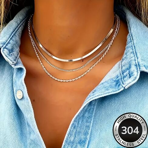 3-Layer Stainless Steel Women's Necklace, Hypoallergenic & Fade-Resistant, Elegant Daily Jewelry Gift. in Kuwait