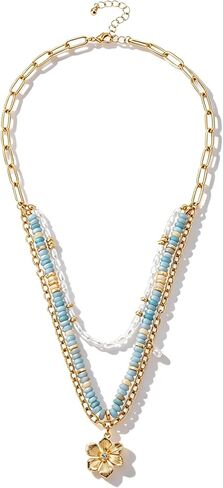 Layered Colorful Beaded Necklace for Women Chunky Bead Pearl Flower Pendant Necklace Thick Statement Layered Colorful Beads Necklaces Boho Summer Trendy Beach Jewelry Gift in Saudi Arabia