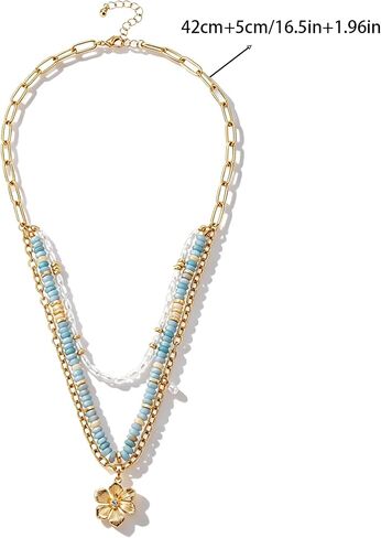 Layered Colorful Beaded Necklace for Women Chunky Bead Pearl Flower Pendant Necklace Thick Statement Layered Colorful Beads Necklaces Boho Summer Trendy Beach Jewelry Gift in Saudi Arabia