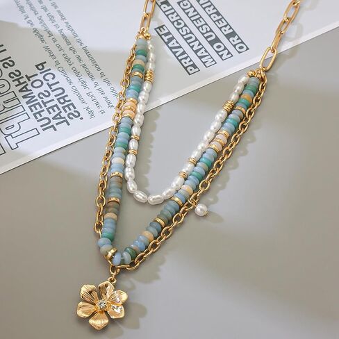 Layered Colorful Beaded Necklace for Women Chunky Bead Pearl Flower Pendant Necklace Thick Statement Layered Colorful Beads Necklaces Boho Summer Trendy Beach Jewelry Gift in Saudi Arabia