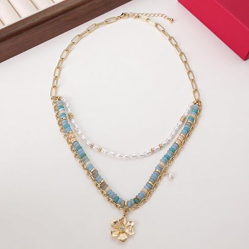 Layered Colorful Beaded Necklace for Women Chunky Bead Pearl Flower Pendant Necklace Thick Statement Layered Colorful Beads Necklaces Boho Summer Trendy Beach Jewelry Gift in Saudi Arabia