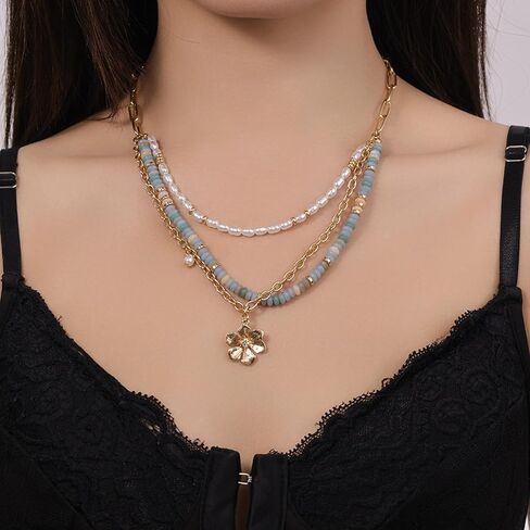 Layered Colorful Beaded Necklace for Women Chunky Bead Pearl Flower Pendant Necklace Thick Statement Layered Colorful Beads Necklaces Boho Summer Trendy Beach Jewelry Gift in Saudi Arabia