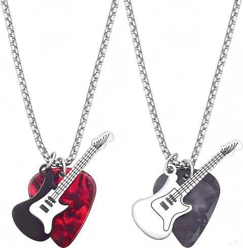 2Pcs Guitar Pick Necklaces for Women Men, Red and Black Enamel Guitar Necklace, Stainless Steel Guitar Necklace Rock Music Pendant Punk Accessories Gifts for Father's Day in Saudi Arabia