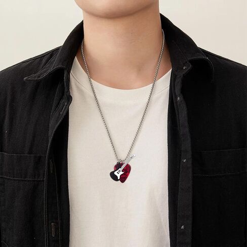 2Pcs Guitar Pick Necklaces for Women Men, Red and Black Enamel Guitar Necklace, Stainless Steel Guitar Necklace Rock Music Pendant Punk Accessories Gifts for Father's Day in Saudi Arabia