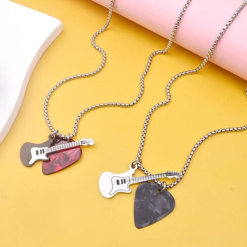 2Pcs Guitar Pick Necklaces for Women Men, Red and Black Enamel Guitar Necklace, Stainless Steel Guitar Necklace Rock Music Pendant Punk Accessories Gifts for Father's Day in Saudi Arabia