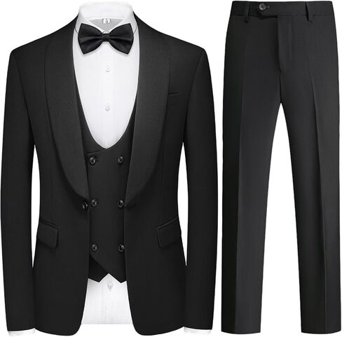 Black Tuxedo Suits for Men Solid 3 Piece Regular Fit Formal Set for Wedding Prom Shawl Lapels One Button Jacket Double Breasted Vest Pants Set X-Large in Saudi Arabia
