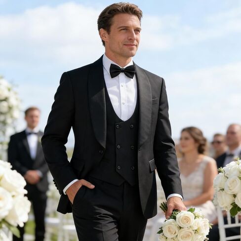 Black Tuxedo Suits for Men Solid 3 Piece Regular Fit Formal Set for Wedding Prom Shawl Lapels One Button Jacket Double Breasted Vest Pants Set X-Large in Saudi Arabia