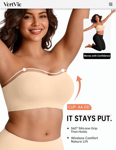 Vertvie Strapless Bra for Women Wireless Non-Slip Push Up Bandeau Bras Seamless Supportive Tube Top Padded Bralette(Beige,XX-Large) in Kuwait
