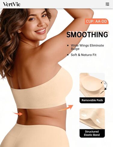 Vertvie Strapless Bra for Women Wireless Non-Slip Push Up Bandeau Bras Seamless Supportive Tube Top Padded Bralette(Beige,XX-Large) in Kuwait