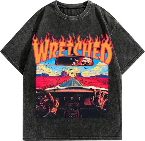 BAPHITY Mens Graphic Tees Acid Washed Crew Neck T Shirts Vintage Y2K Streetwear Loose Fit Unisex Casual Tops, Car, Black, XL in Saudi Arabia