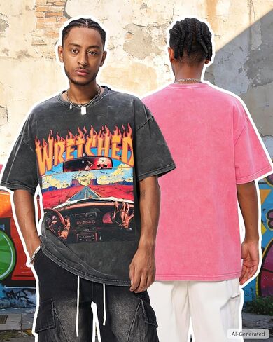 BAPHITY Mens Graphic Tees Acid Washed Crew Neck T Shirts Vintage Y2K Streetwear Loose Fit Unisex Casual Tops, Car, Black, XL in Saudi Arabia