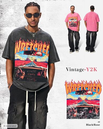 BAPHITY Mens Graphic Tees Acid Washed Crew Neck T Shirts Vintage Y2K Streetwear Loose Fit Unisex Casual Tops, Car, Black, XL in Saudi Arabia