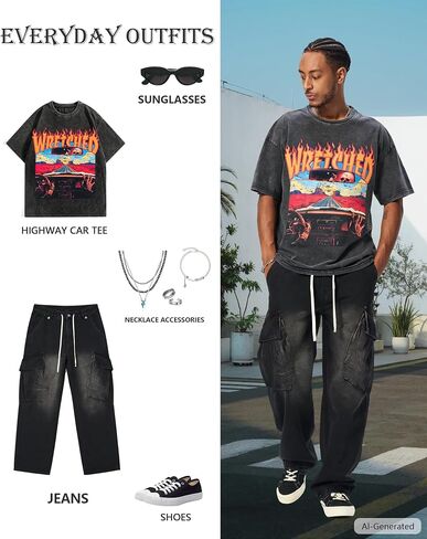BAPHITY Mens Graphic Tees Acid Washed Crew Neck T Shirts Vintage Y2K Streetwear Loose Fit Unisex Casual Tops, Car, Black, XL in Saudi Arabia