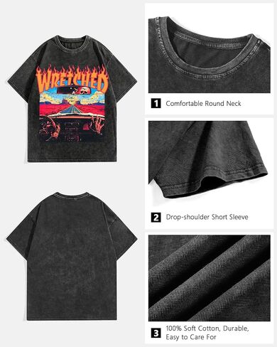 BAPHITY Mens Graphic Tees Acid Washed Crew Neck T Shirts Vintage Y2K Streetwear Loose Fit Unisex Casual Tops, Car, Black, XL in Saudi Arabia
