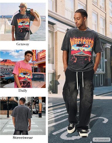 BAPHITY Mens Graphic Tees Acid Washed Crew Neck T Shirts Vintage Y2K Streetwear Loose Fit Unisex Casual Tops, Car, Black, XL in Saudi Arabia