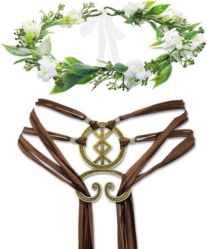 2 Pcs Renaissance Accessories Viking Cross Rope Belt Fairy Flower Crown for Women Ren Faire Halloween Cosplay in Saudi Arabia