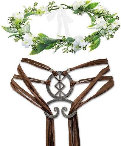 2 Pcs Renaissance Accessories Viking Cross Rope Belt Fairy Flower Crown for Women Ren Faire Halloween Cosplay in Saudi Arabia