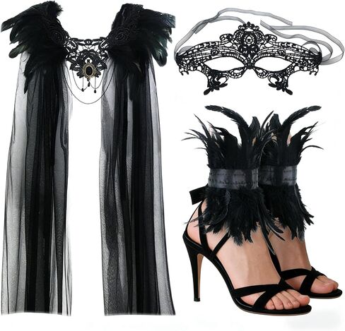 Gothic Feather Lace Shawl with Masquerade Mask and Feather Leg Cuffs, Black Tulle Cape Costume Accessories for Women Halloween Masquerade Party Cosplay in Saudi Arabia