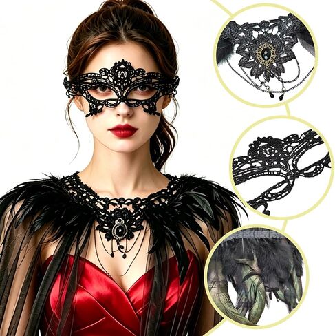 Gothic Feather Lace Shawl with Masquerade Mask and Feather Leg Cuffs, Black Tulle Cape Costume Accessories for Women Halloween Masquerade Party Cosplay in Saudi Arabia