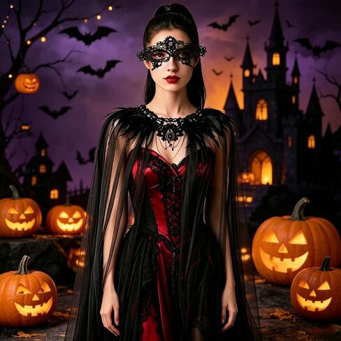 Gothic Feather Lace Shawl with Masquerade Mask and Feather Leg Cuffs, Black Tulle Cape Costume Accessories for Women Halloween Masquerade Party Cosplay in Saudi Arabia