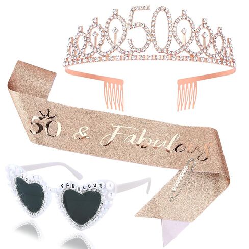 Casoty 40th Birthday Tiara and Sash Set for Women, 40 & Fabulous Rhinestone Crown Glitter Sash Heart Sunglasses, 40th Birthday Decorations Gifts Party Photo Props in Saudi Arabia