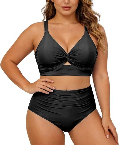 Plus Size 2 Piece Swimsuit for Women High Waisted Tummy Control Ruched Bathing Suit Knot Front Cutout Cute Bikini Set in Saudi Arabia