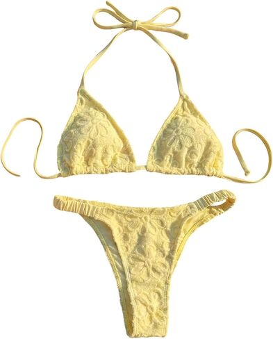 SweatyRocks Women's Textured Triangle Halter Swimsuit Cheeky High Cut Thong Bikini Sets in Kuwait