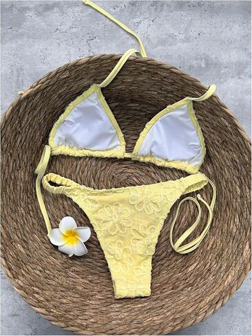 SweatyRocks Women's Textured Triangle Halter Swimsuit Cheeky High Cut Thong Bikini Sets in Kuwait