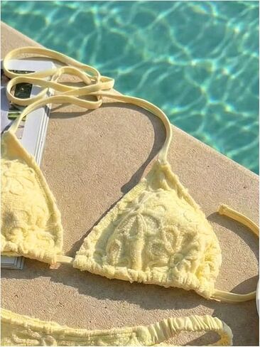 SweatyRocks Women's Textured Triangle Halter Swimsuit Cheeky High Cut Thong Bikini Sets in Kuwait