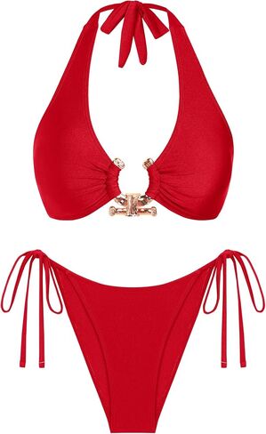 seamoly Women Two Piece Bikinis Set Metal Ring Bathing Suit Halter Neck Cheeky High Cut Thong Swimsuit in Saudi Arabia